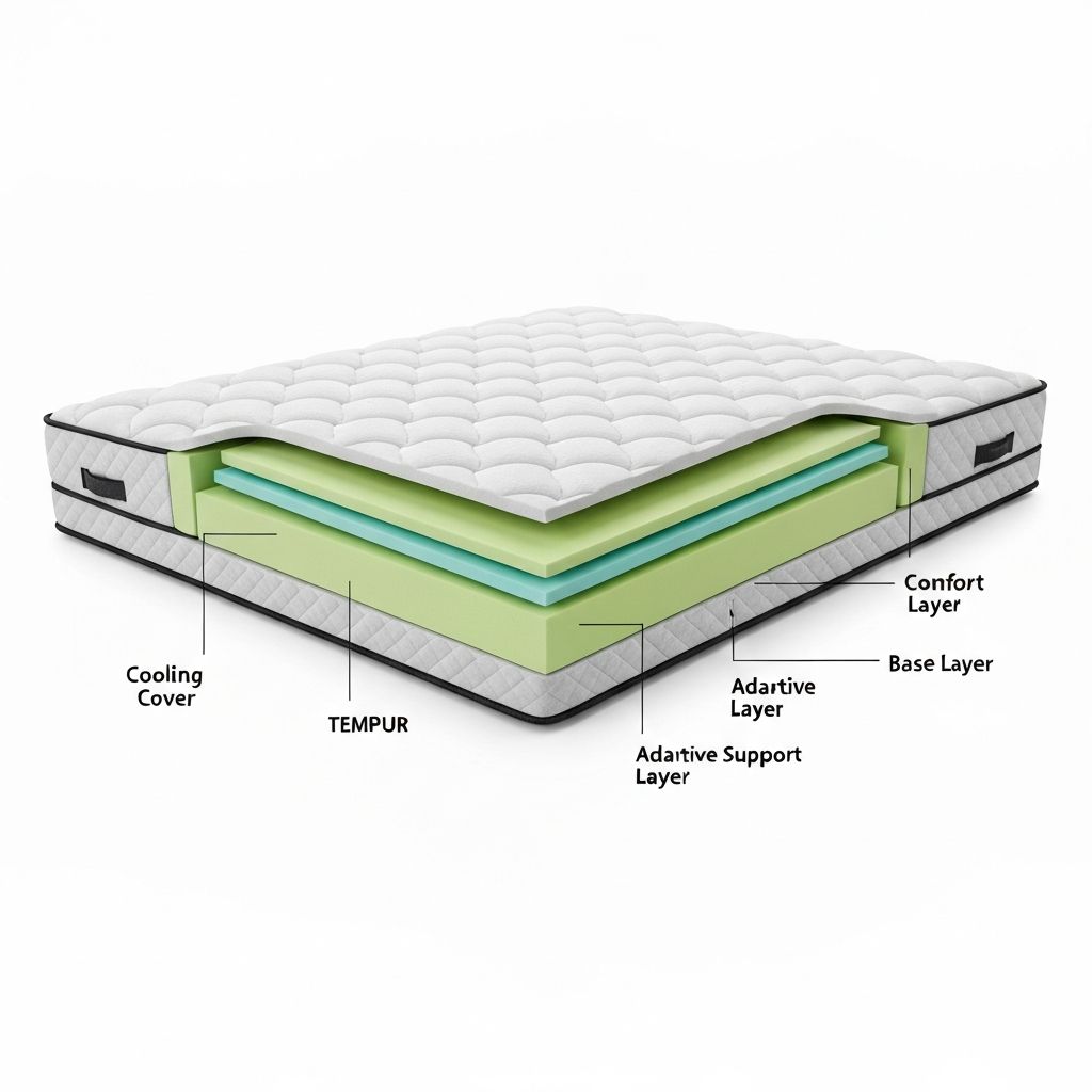 Tempur-Pedic mattress layer construction showing TEMPUR comfort, adaptive support, and base layers